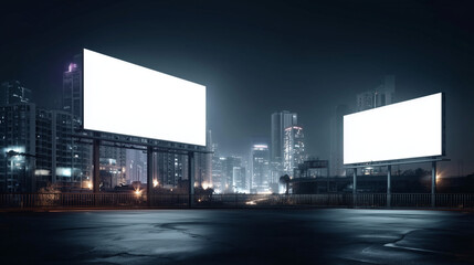 Urban night cityscape with large blank glowing billboards on a highway, representing high-impact outdoor advertising, brand visibility, and modern metropolitan lifestyle