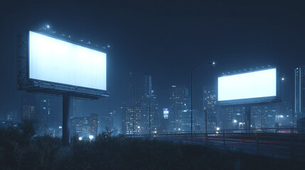 Urban night cityscape with large blank glowing billboards on a highway, representing high-impact outdoor advertising, brand visibility, and modern metropolitan lifestyle