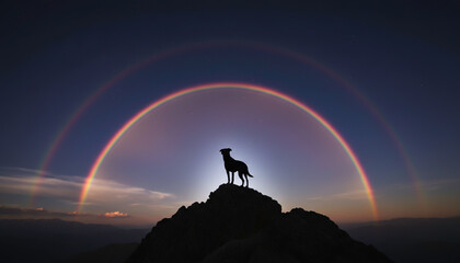 Silhouette of one dog standing on mountain under glowing rainbow arc and twilight night sky