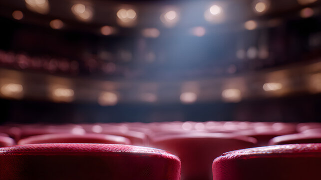 drama. Empty theater with red velvet seats under atmospheric glow, evoking a sense of anticipation. event programs, museum guides, designed for cultural heritage projects and event programs.