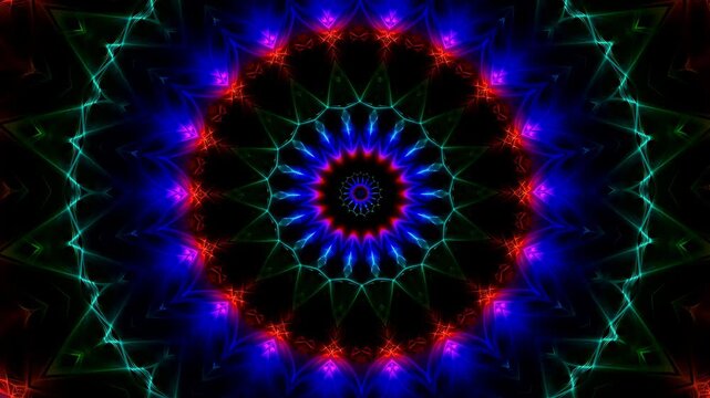 Colorful kaleidoscopic patterns with vibrant lights and intricate designs. Ideal for visual art, music videos, and creative projects