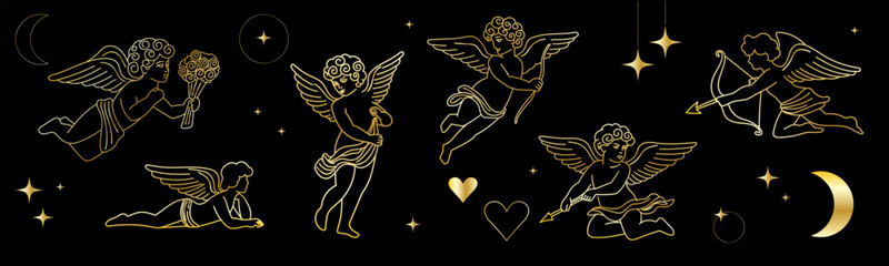 Gold Vintage Cupid Angel Icon. Cute Cherub Character Golden Outline Silhouette. Valentine's Day or Wedding Decoration Symbol. Flying Romantic God with Wings and Bow and Arrows. Christmas Sign.