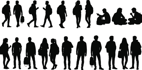 Students silhouettes with backpacks standing and sitting in different poses, school and university crowd vector illustration set for education and youth lifestyle concepts © Masuduzzaman
