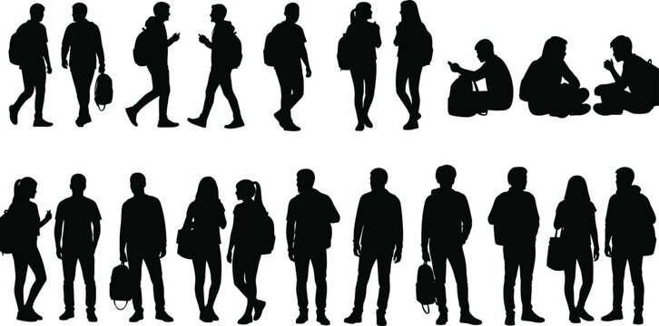 Students silhouettes with backpacks standing and sitting in different poses, school and university crowd vector illustration set for education and youth lifestyle concepts