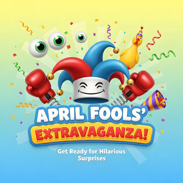 Playful April Fools&rsquo; Day scene with joke toys and balloons, modern stock photography