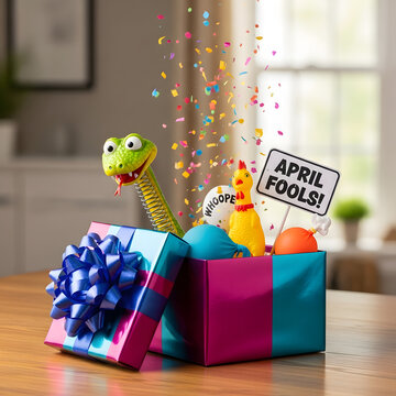 Playful April Fools&rsquo; Day scene with joke toys and balloons, modern stock photography