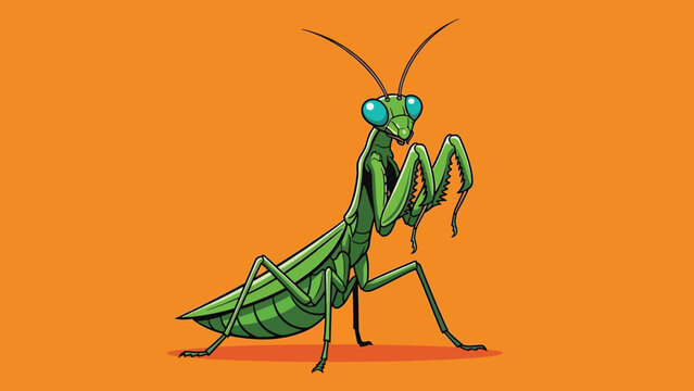 Vibrant green praying mantis illustration on a solid orange background.