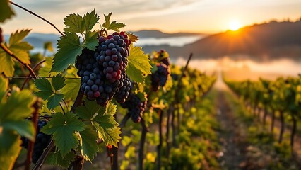 Nebbiolo vineyard landscape on Piedmont hills during sunrise with morning mist. Wine tourism guides for Italy, winery marketing brochures, articles on Nebbiolo or Barolo wine regions. 