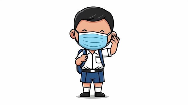 Cute Student Boy Wearing Face Mask And Backpack Animation