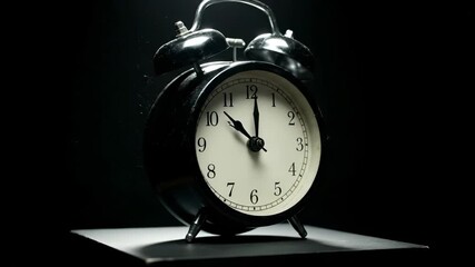 Black alarm clock displays ten o'clock on dark surface. Vintage clock shows time with bell on top. Alarm timepiece stands showing ten. Clock with bell displays time. Black alarm shows ten o'clock.