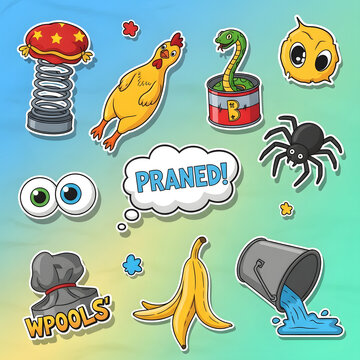 Fun Stickers: A vibrant collection of playful stickers, each exuding a unique charm and personality. Featuring an array of quirky characters and whimsical objects, all with a lively design.