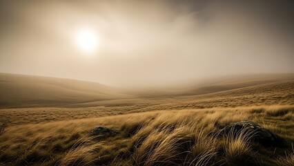 Golden Misty Grassland at Sunrise, Serene Natural Landscape
