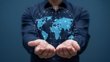 Businessman presenting global network connections with hands