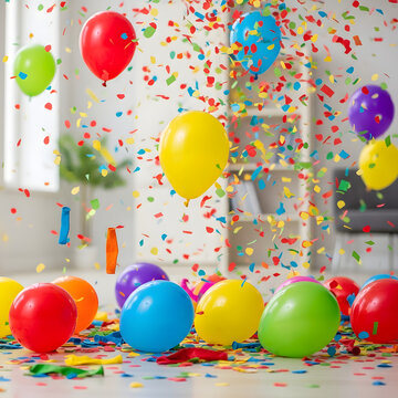 Joyful Festivities: A vibrant scene unfolds as colorful balloons and confetti fill the air, creating a playful and celebratory atmosphere.