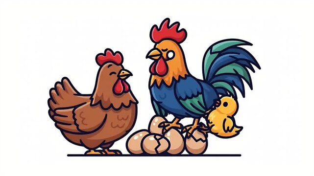 Cute Cartoon Rooster Hen Chick And Eggs On White Background Footage