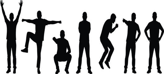 Obraz premium Black Silhouette Set of Seven Men Posing and Jumping, Diverse Male Figures for Business Success Lifestyle and Social Vector Illustration