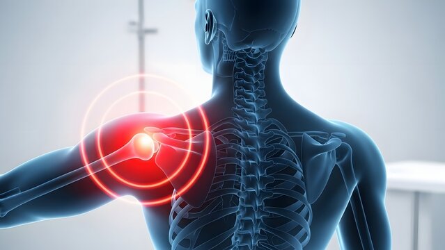 Human shoulder joint pain and anatomy. Medical healthcare and physical therapy. 3D blue skeleton model showing red glowing circles of inflammation and injury on the rotator cuff