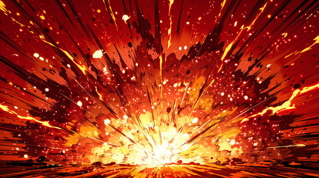 漫画風の激しい爆発と集中線の背景イラスト