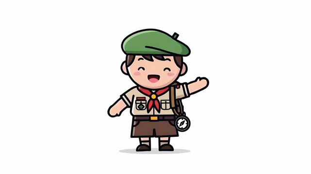Cute Cartoon Scout Boy Green Beret and Brown Uniform White Background