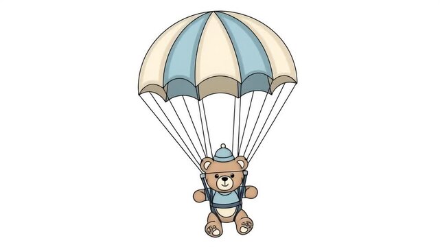 Cute Teddy Bear Parachuting With Blue And Beige Parachute