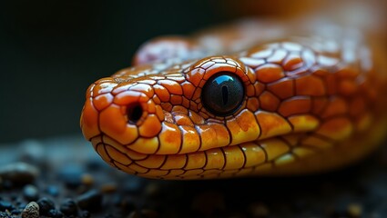 Obraz premium A close-up view of a vibrant orange snake's head, showcasing its intricate scales and sharp eyes on a dark, textured surface.