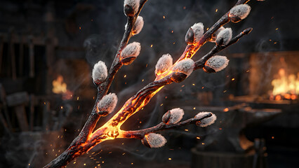 Firelit branch with catkins glowing in a dark forge background  