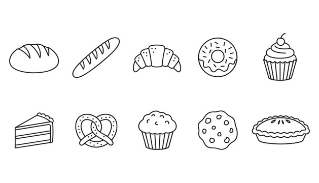 Bakery products collection line art vector illustration of pastries and cakes isolated object eps