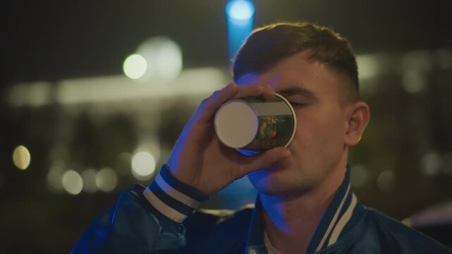 Tense Courier Under Neon Lights, Reflection on Traffic and Route at Night, Quiet Scene of Courier Pausing by Road, An Urban Night Scene with Courier Holding Paper Cup at Intersection