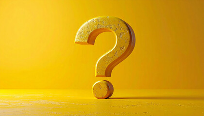 3D question mark floating on yellow backdrop. Inquiries, customer support, problem solving, FAQ.