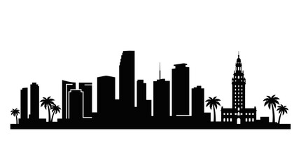 Obraz premium Miami skyline vector silhouette. Black cityscape of Florida downtown with Freedom Tower and palm trees. Monochrome urban panorama isolated on white background for logo or design.