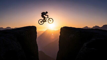 Mountain biker jumping over a deep canyon gap. Extreme sports and courage concept. Silhouette of a cyclist in midair against a golden sunset sky with high mountain peaks