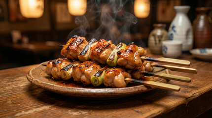 居酒屋のカウンターで提供される湯気の立つ焼き鳥