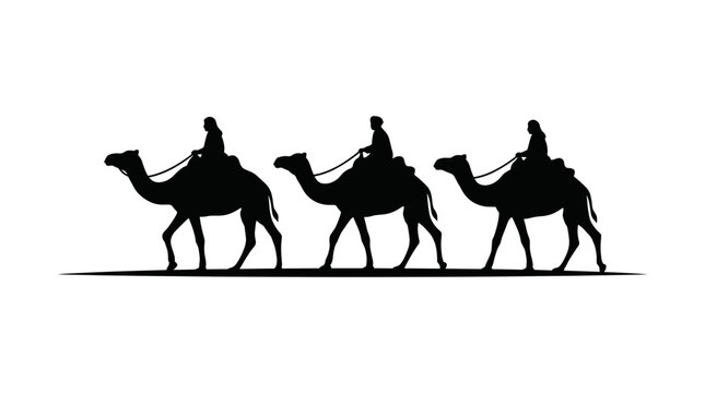 Rajasthan desert camel caravan silhouette vector illustration. Traditional Indian safari transport. Tourists riding camels in sand dunes. Travel and tourism concept design element.