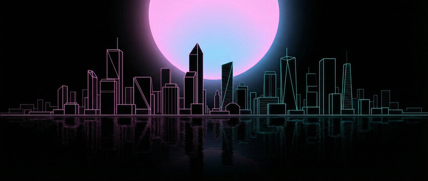Futuristic Cyberpunk City at Night with Glowing Moon, Minimal Neon Skyline on Deep Black Background, High-Contrast Sci-Fi Illustration for AMOLED Wallpapers