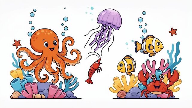 Cute Underwater Cartoon Scene With Octopus Fish Crab Jellyfish and Shrimp