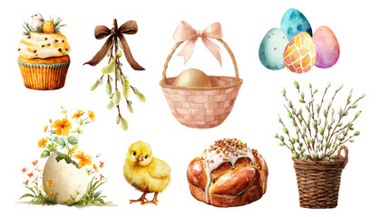 Adorable spring collection of watercolor Easter elements. Baby chicks, basket with Easter eggs, willow branches, Easter cupcake, panettone, etc. Easter set of elements on isolated background.  © Narin