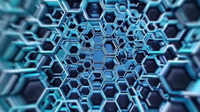 dynamic blue hex tunnel rotating with deep perspective, endless lattice of interconnected honeycomb cells, digital motion conveys data flow and network architecture, cold cyan palette, D render