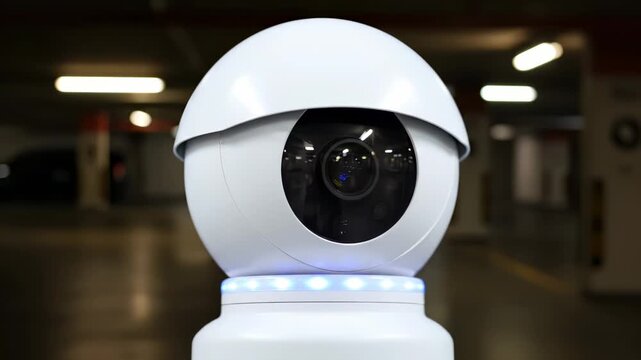 Robot eye monitors parking garage with artificial intelligence. Surveillance camera shaped like robot eye watching garage. AI robot eye provides security monitoring. Eye camera surveillance system.