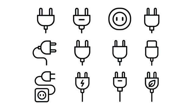 Electric power plugs of different standards line art icons set on transparent background