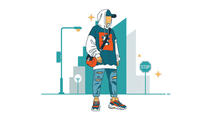 Stylish young man in urban streetwear standing confidently in city