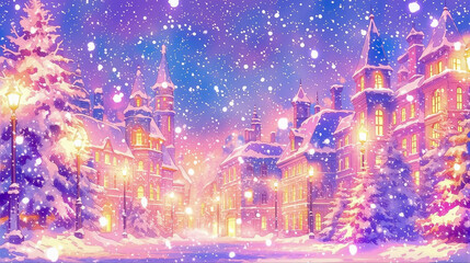 Fototapeta premium 暖か な 光 が 灯る 幻想的な 雪 の 街並み と 舞い散る クリスマススノー