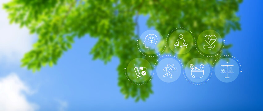 Wellness longevity and Holistic Concept. health care, including mental wellbeing, fitness, nutrition, sleep, relationships and financial balance, Personal development and balance.