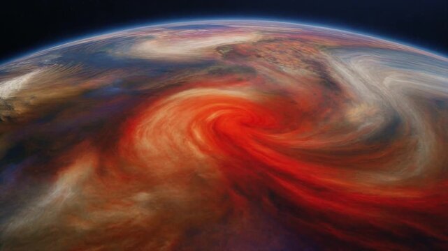 Firefly Drone POV gliding over Jupiter&rsquo;s colorful stormy clouds, swirling red spot in close view, sc