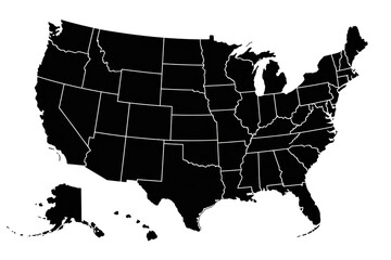 A black and white silhouette map of the United States of America showing all 50 states.
