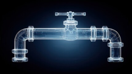 A blueprint style pipeline with a valve in a dark environment