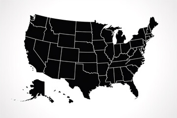 A black and white silhouette map of the United States of America showing all 50 states.