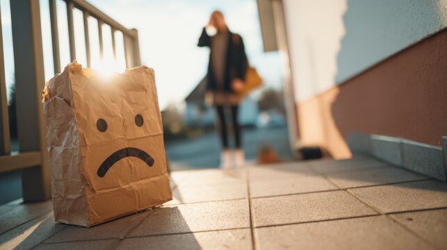 A sad paper bag with a frown sits on a doorstep as a woman walks away, symbolizing disappointment or missed opportunities.