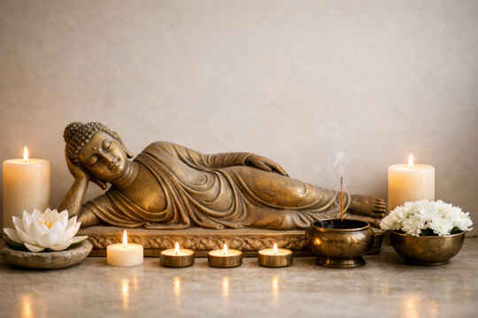 Reclining Buddha statue with burning candles, incense smoke and lotus flowers for Parinirvana Day celebration.