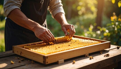 Beekeeper Inspecting Freshly Harvested Honeycomb Full of Golden Honey on a Wooden Table Outdoors in Warm Sunlight