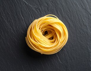 Round Nest of Dry Golden Tagliatelle Pasta on Dark Slate Surface with Subtle Lighting